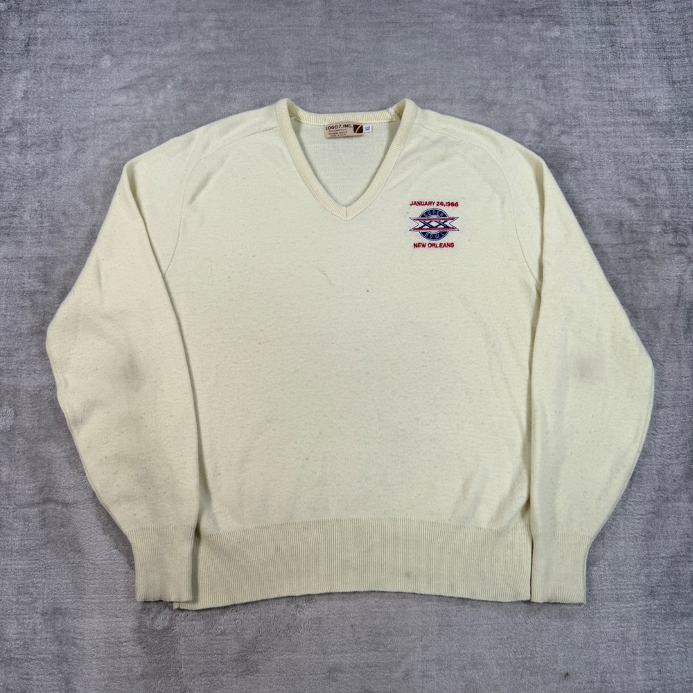 Logo 7 Super Bowl XX Sweater Mens XL Cream V Neck VTG 1986 New Orleans Knit NFL